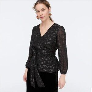 J Crew Tie Waist V-Neck Metallic Dot Jacquard Blouse Black Size Small